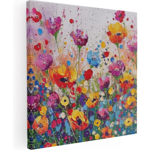Artaza Canvas Schilderij Kleurrijke Bloemen in een Veld - Bloemen - 50x50 cm - Wanddecoratie Woonkamer - Schilderijen - Muurdecoratie