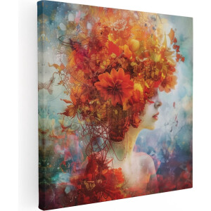 Artaza Canvas Schilderij Vrouw met Bloemen in haar Haar - Bloemen - 80x80 cm - Groot - Wanddecoratie Woonkamer - Schilderijen - Muurdecoratie