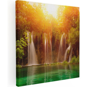 Artaza Canvas Schilderij Watervallen Bij Het Groene Meer Met Zon - 30x30 - Klein - Foto Op Canvas - Canvas Print