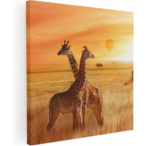Artaza Canvas Schilderij Twee Giraffen Met Twee Oranje Luchtballonnen - 80x80 - Groot - Foto Op Canvas - Canvas Print