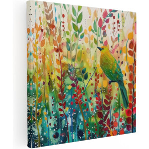 Artaza Canvas Schilderij Vogel - 90x90 cm - Wanddecoratie Bloemen - Muurdecoratie Kleurrijk - Schilderijen Op Canvas
