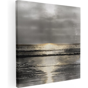 Artaza Canvas Schilderij Zwart Wit Foto van een Zonsondergang op het Strand - 70x70 cm - Wanddecoratie Woonkamer - Schilderijen - Muurdecoratie