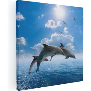 Artaza Canvas Schilderij Dolfijnen Springen uit de Blauwe Zee - 80x80 - Groot - Foto Op Canvas - Canvas Print