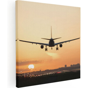 Artaza Canvas Schilderij Vliegtuig Landt Tijdens Zonsondergang - 80x80 - Groot - Foto Op Canvas - Canvas Print