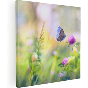Artaza Canvas Schilderij Blauwe Vlinder Bij Een Paarse Bloem - 90x90 - Groot - Foto Op Canvas - Canvas Print