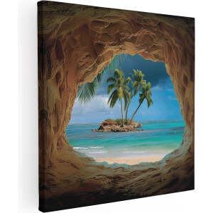 Artaza Canvas Schilderij Grot met Uitzicht op de Oceaan en Palmbomen - 40x40 cm - Klein - Wanddecoratie Woonkamer - Schilderijen - Muurdecoratie