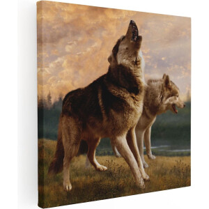 Artaza Canvas Schilderij Twee Wolven Op Het Gras - 60x60 - Foto Op Canvas - Canvas Print