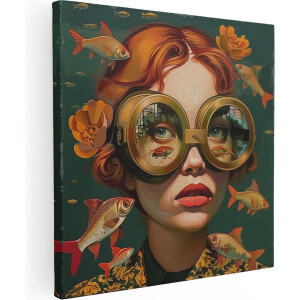 Artaza Canvas Schilderij Meisje met een Bril tussen Zwemmende Vissen - 30x30 cm - Klein - Wanddecoratie Woonkamer - Schilderijen - Muurdecoratie