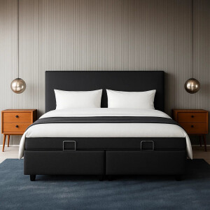 2-Persoons Leegverkoop Boxspring Julia Met Opbergruimte - Zwart - Zwart 160x200 Cm - Pocketvering - Inclusief Topper - Dekbed-Discounter.nl