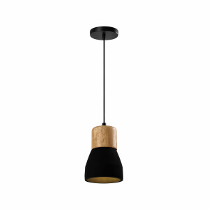 QUVIO Hanglamp landelijk - Simplistisch betonnen lamp - Houten kop - D 13 cm - Zwart