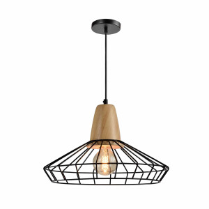QUVIO Hanglamp modern - Rond frame metaaldraad met hout - Diameter 39,5 cm