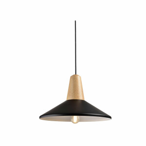 QUVIO Hanglamp modern - hoedvorm met hout - Diameter 35 cm - Zwart en bruin