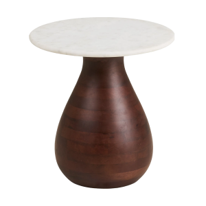 Herre houten bijzettafel bruin met wit marmer blad - Ø40