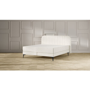 Emma Signature Boxspring Bed 140x200 - Beige - Strepen Hoofdbord - Zwart metaal Pootjes