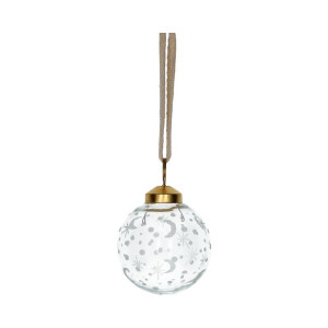 Kerstbal, glas, geëtste maan, sterren en stippen, Ø6,5 cm