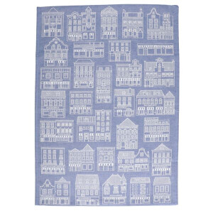 Theedoek, katoen, blauw/wit met gevelmotief