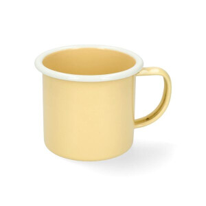 Beker met oor, emaille, lichtgeel met witte rand, Ø8 cm