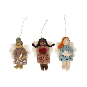 Hangers, vilt, engelen met duif, hart en kaars, set van 3
