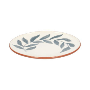 Bord, terracotta, blauw blad, 21 cm