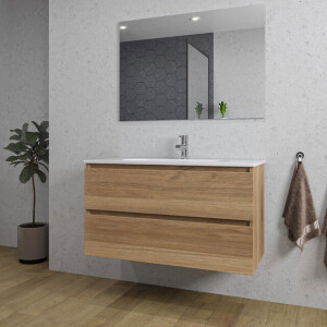 Adema Chaci Badkamermeubelset - 100x45x57cm - 1 ovale keramische wasbak wit - 1 kraangat - 2 lades - rechthoekige spiegel - eiken SW1212774/SW718718/SW724612
