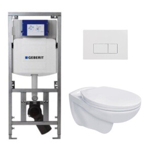 Adema Classico toiletset bestaande uit inbouwreservoir en toiletpot, basic toiletzitting en bedieningsplaat rechte knoppen wit SW1152613/SW706187/0701131