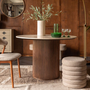 Dutchbone Ronde Eettafel 'Arda' Walnoot en travertin, 115cm