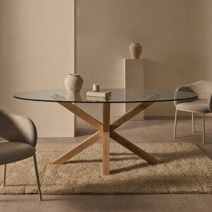 Kave Home Ovale Eettafel 'Argo' Glas en houtlook, 200 x 100cm, kleur Naturel
