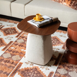 Dutchbone Bijzettafel 'Shelly' Gemêleerde stof en walnootlook, 48 x 48cm, kleur Off White