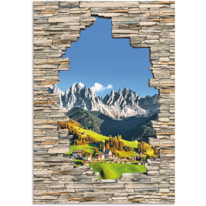 Artland Artprint Alpen bergen Santa Maddalena stenen muur als artprint van aluminium, artprint voor buiten, muursticker in diverse maten