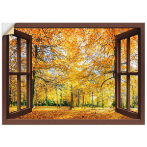 Artland Artprint Blik uit het venster - herfstbos panorama als artprint op linnen, poster, muursticker in verschillende maten