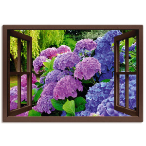 Artland Artprint Blik uit het venster - hortensia's in de tuin als artprint op linnen, poster in verschillende formaten maten