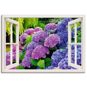 Artland Artprint Blik uit het venster hortensia's in de tuin als artprint op linnen, poster in verschillende formaten maten