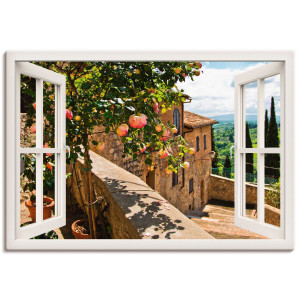 Artland Artprint Blik uit het venster rozen op balkon Toscane als artprint van aluminium, artprint voor buiten, artprint op linnen, poster, muursticker