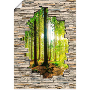 Artland Artprint Bos met stenen muur met uitzicht op de kreek als artprint van aluminium, artprint voor buiten, poster, muursticker in diverse maten formaten