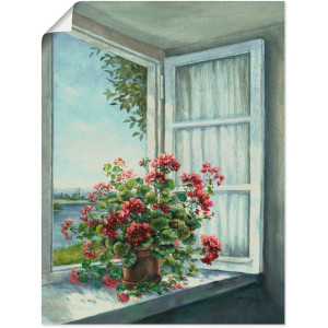 Artland Artprint Geraniums aan het raam als artprint van aluminium, artprint voor buiten, artprint op linnen, poster, muursticker