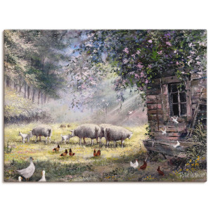Artland Artprint op linnen Kippen en schapen gespannen op een spieraam