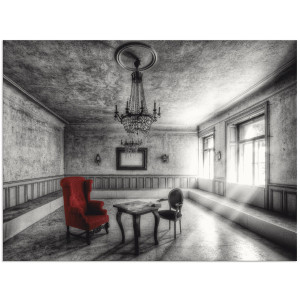 Artland Artprint Lost Place - rode fauteuil als artprint van aluminium, artprint voor buiten, artprint op linnen, poster, muursticker