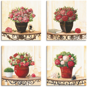 Artland Artprint op linnen Hortensia's kruidnagel rozen pioenrozen (4-delig)
