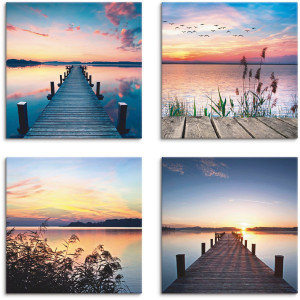 Artland Artprint op linnen Pier meer avondrood riet zonnestralen (4-delig)