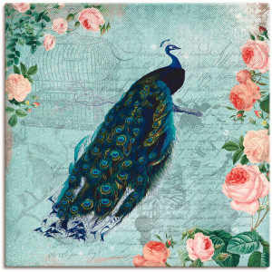 Artland Artprint op linnen Vintage rozen en pauw illustratie