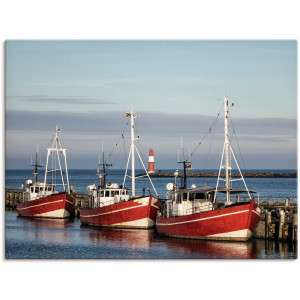 Artland Artprint op linnen Vissersboten en pier in Warnemünde