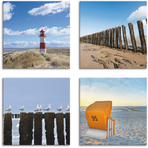 Artland Artprint op linnen Vuurtoren Sylt strand meeuwen strandstoel (4-delig)