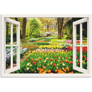 Artland Artprint Raamzicht tulpen tuin lente als artprint van aluminium, artprint voor buiten, artprint op linnen, poster, muursticker