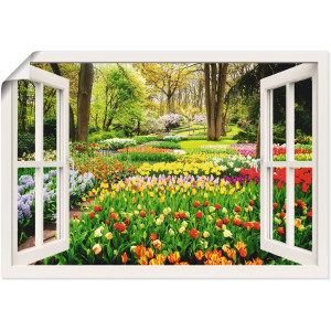 Artland Artprint Raamzicht tulpen tuin lente als artprint van aluminium, artprint voor buiten, artprint op linnen, poster, muursticker