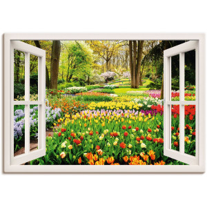 Artland Artprint Raamzicht tulpen tuin lente als artprint van aluminium, artprint voor buiten, artprint op linnen, poster, muursticker