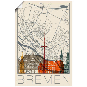 Artland Artprint Retro kaart Bremen als artprint van aluminium, artprint voor buiten, poster in diverse formaten