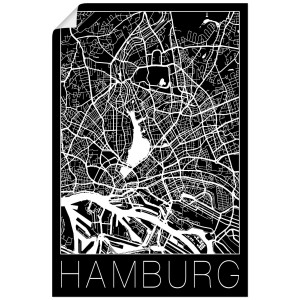 Artland Artprint Retro kaart Hamburg Duitsland zwart als artprint van aluminium, artprint voor buiten, artprint op linnen, poster in verschillende maten. maten