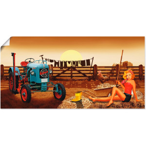 Artland Poster Pin-upgirl met tractor op boerderij als artprint van aluminium, artprint op linnen, muursticker of poster in verschillende maten