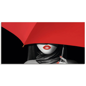 Artland Print op glas Rode lippen onder de paraplu