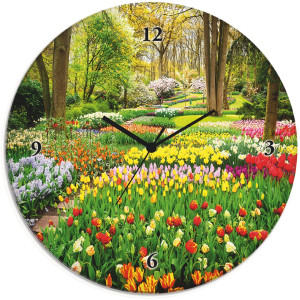 Artland Wandklok Glazen klok rond tulpen tuin voorjaar optioneel verkrijgbaar met kwarts- of radiografisch uurwerk, geruisloos zonder tikkend geluid